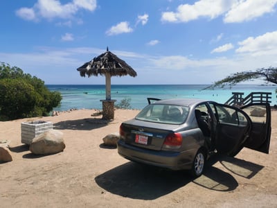 Geparkeerde auto bij palapa aan zee in Aruba