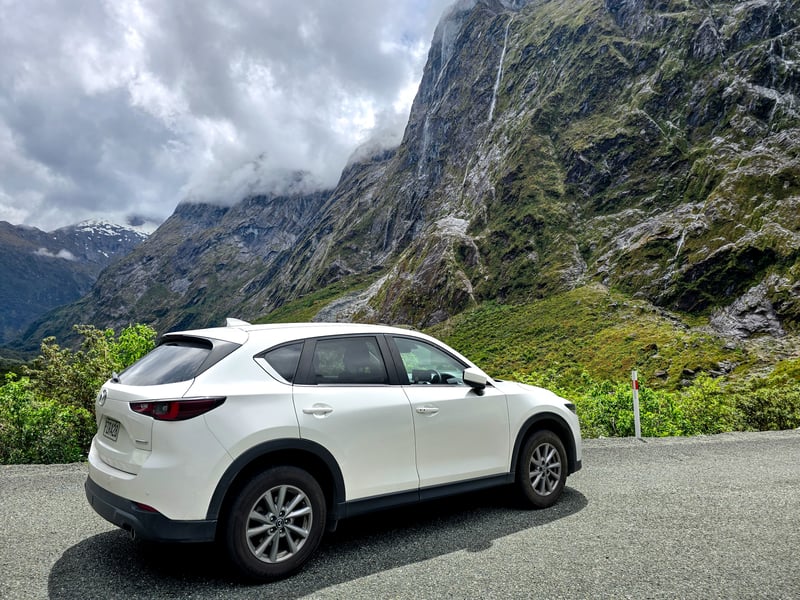 Witte auto met uitzicht  over het Milford Sound landschap