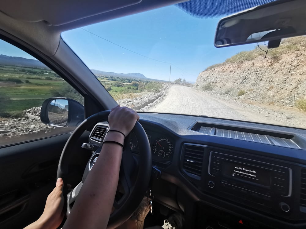 Uitzicht op een weg en het stuur vanuit de bijrijder, Argentinië